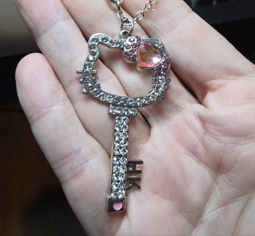 Hello Kitty Crystal Key Cat Pendant Necklace in Silver Tone & Pink - Picture 3 of 4